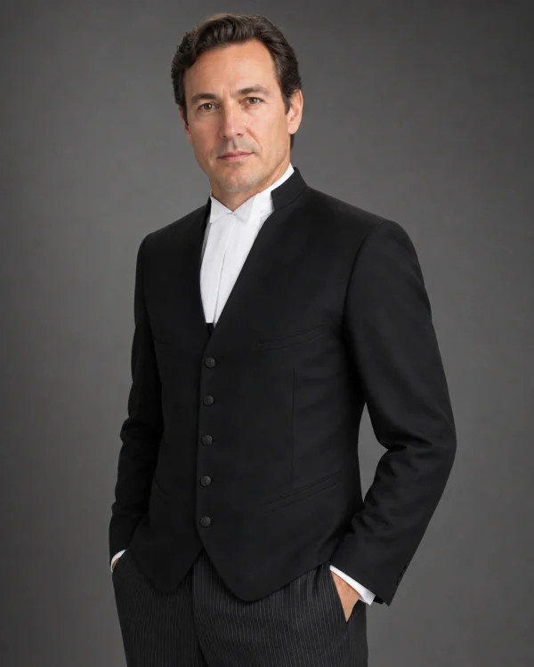 Barrister Waistcoat, black wool, side view