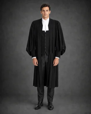 Complete call to the bar package - barrister robe, waistcoat, court shirt and tabs worn together