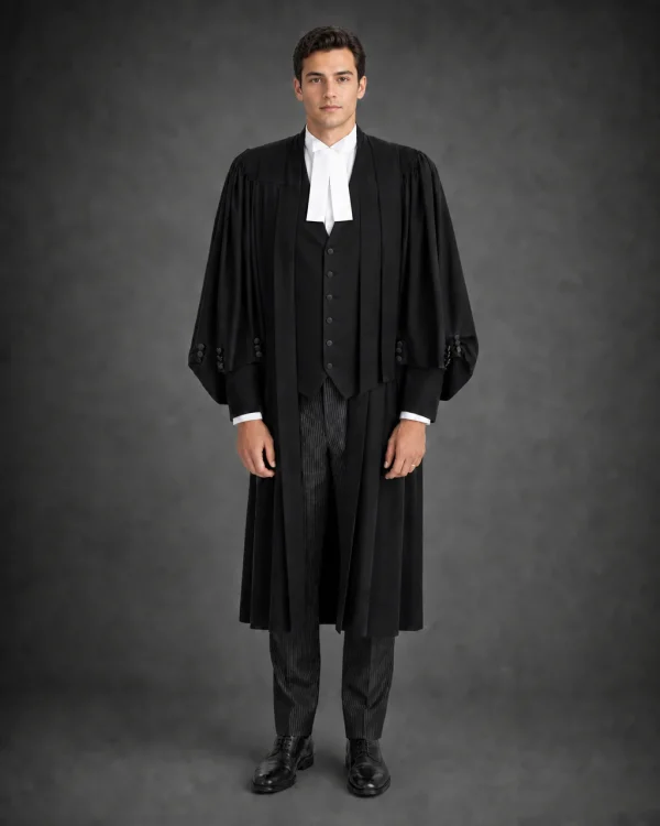 Complete call to the bar package - barrister robe, waistcoat, court shirt and tabs worn together