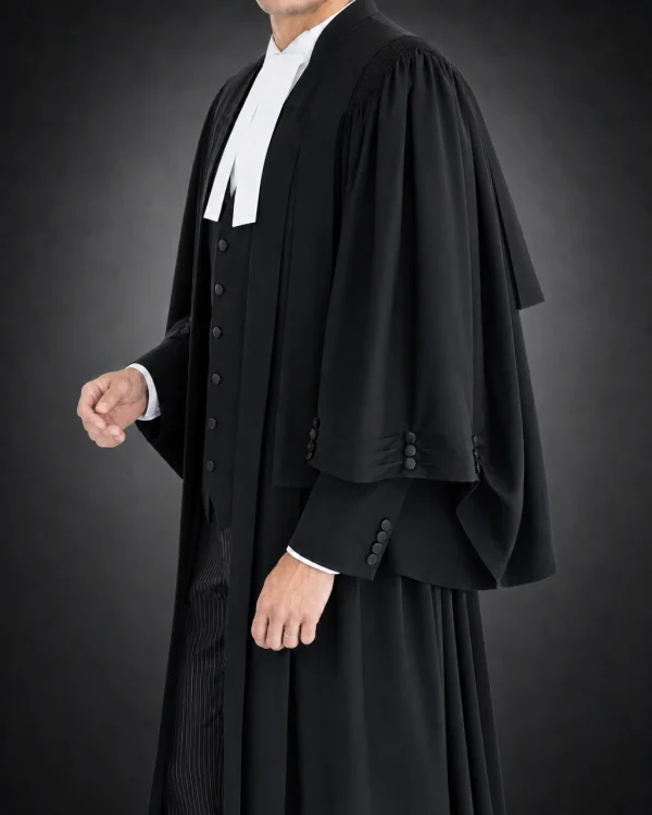 Barrister robe side view showing sleeve and pleat detail