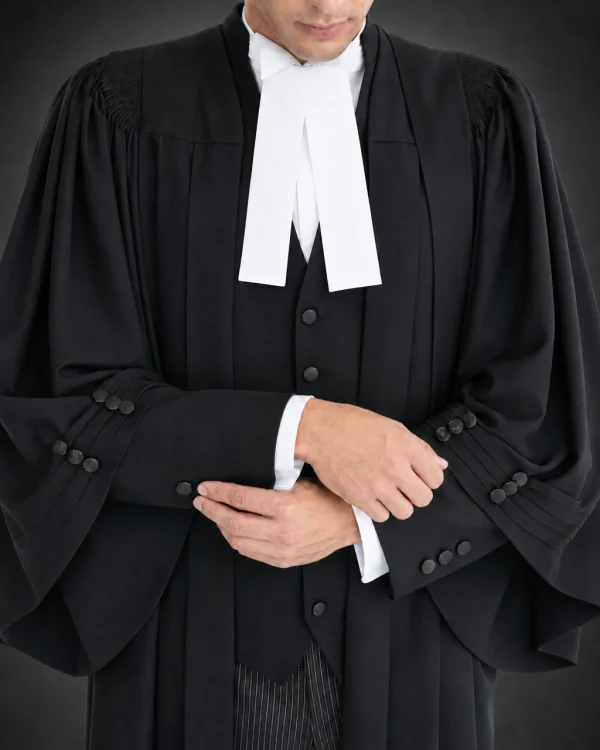 Barrister robe cuff buttons and court tabs close-up
