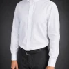 Three-quarter view showing the tailored fit of a white barrister court shirt