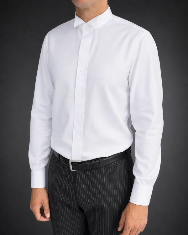 Three-quarter view showing the tailored fit of a white barrister court shirt