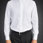 White barrister court shirt with wing collar, front view on model
