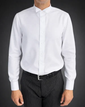 White barrister court shirt with wing collar, front view on model