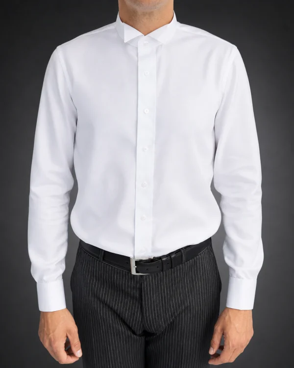 White barrister court shirt with wing collar, front view on model
