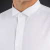Close-up of the wing collar and covered placket on a white barrister court shirt