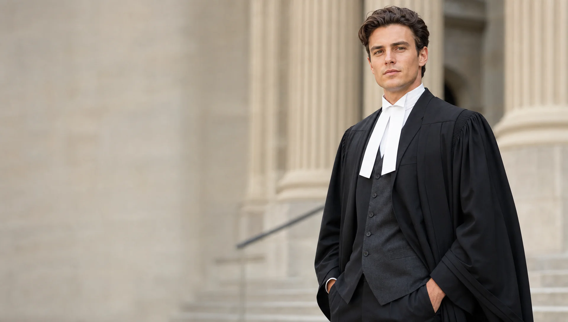 Canadian barrister in a black robe, waistcoat, wing-collar shirt and white tabs on courthouse steps
